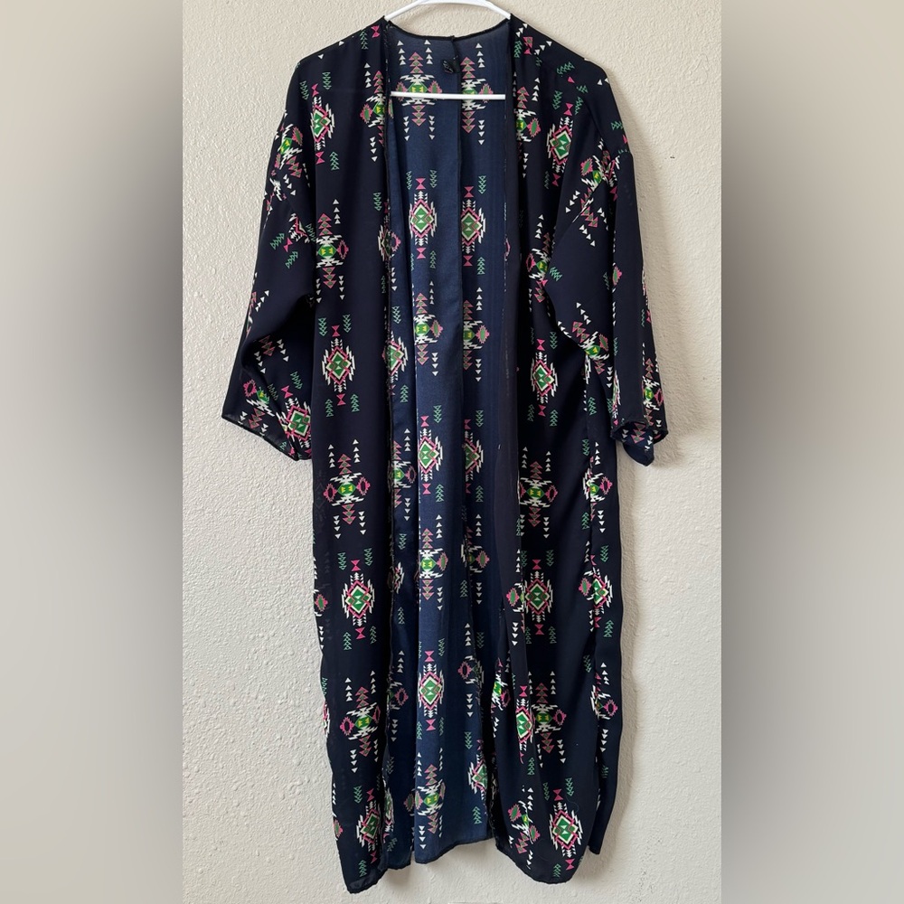 W SzS Blue Shear Indigo Aztec Long Kimono Duster Boho Hippie Western  Geometric
